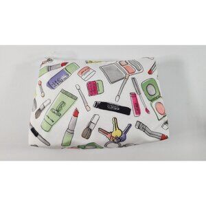 CLINIQUE WHITE CANVAS COSMETIC MAKE UP BAG ALL OVER PRINT FUN WHIMSICAL PRINT